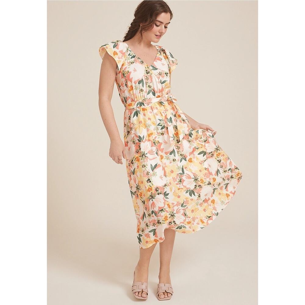 NEW Cool Crepe Floral Flutter Sleeve Wrap Midi Dress Spring Summer Casual Sz. XS